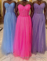 Glitter Sweetheart Sheer Corset A-Line Long Semi Formal Prom Dress